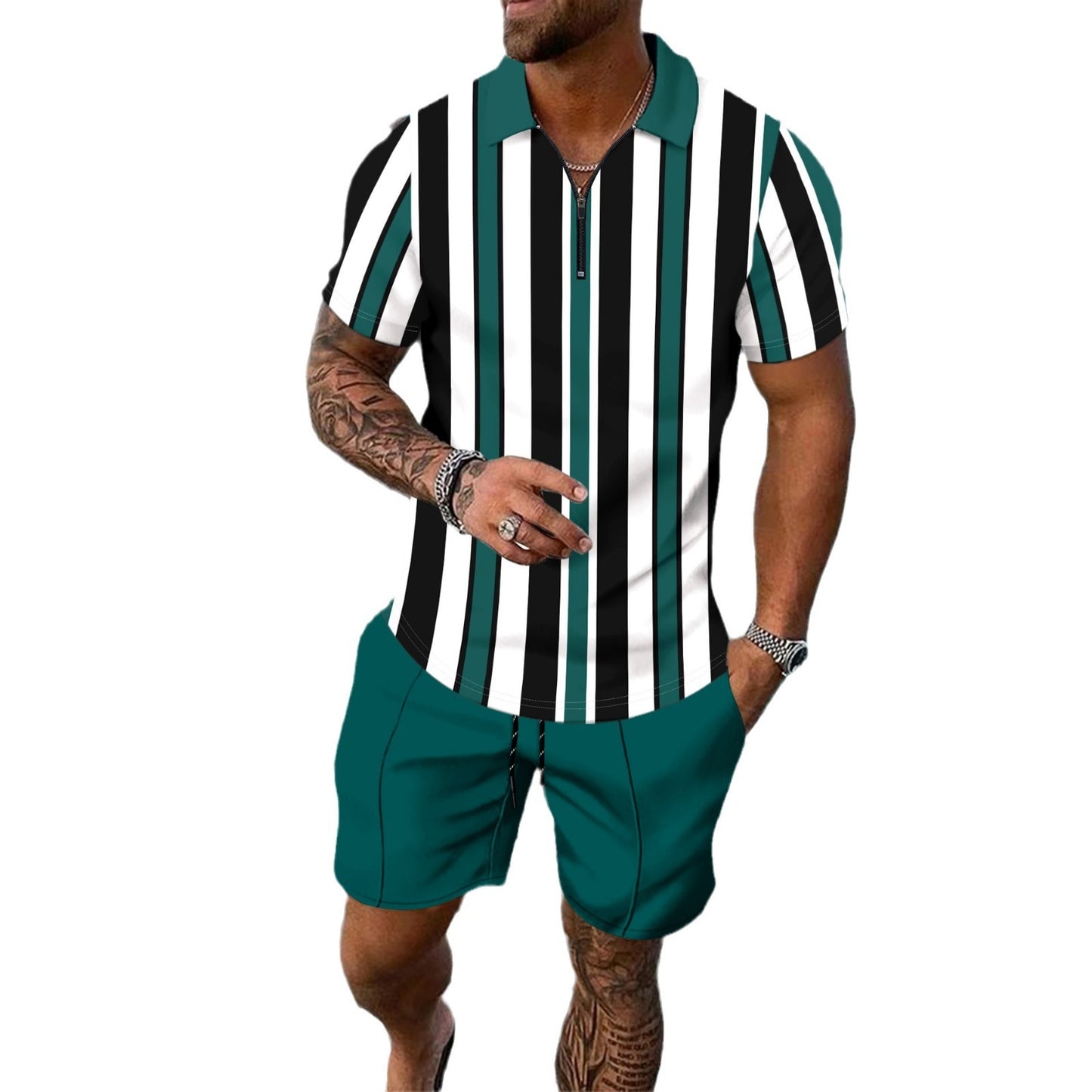 Striped Printed Short Sleeve Shorts For Vacation