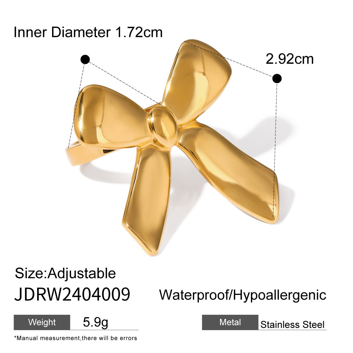 18K Gold Stainless Steel Five Petal Flower Bow Ring