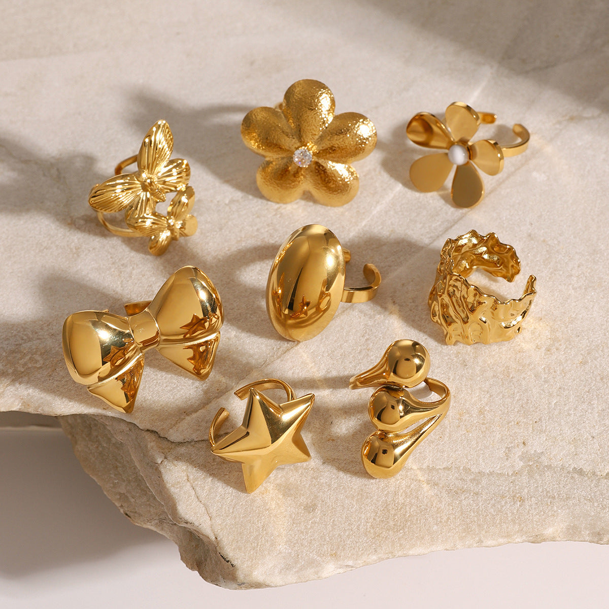 18K Gold Stainless Steel Five Petal Flower Bow Ring