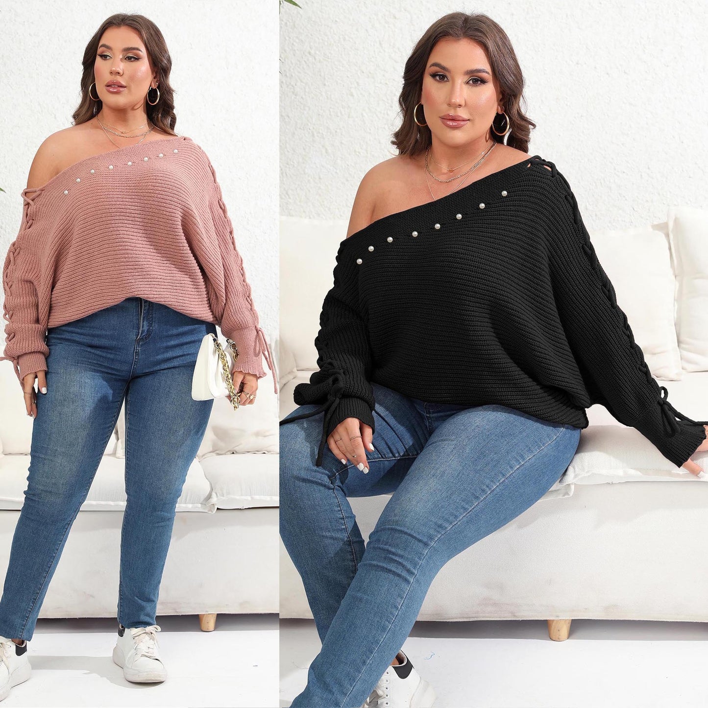 Women's Top Plus Size Lace Up Batwing Sleeve Sweater