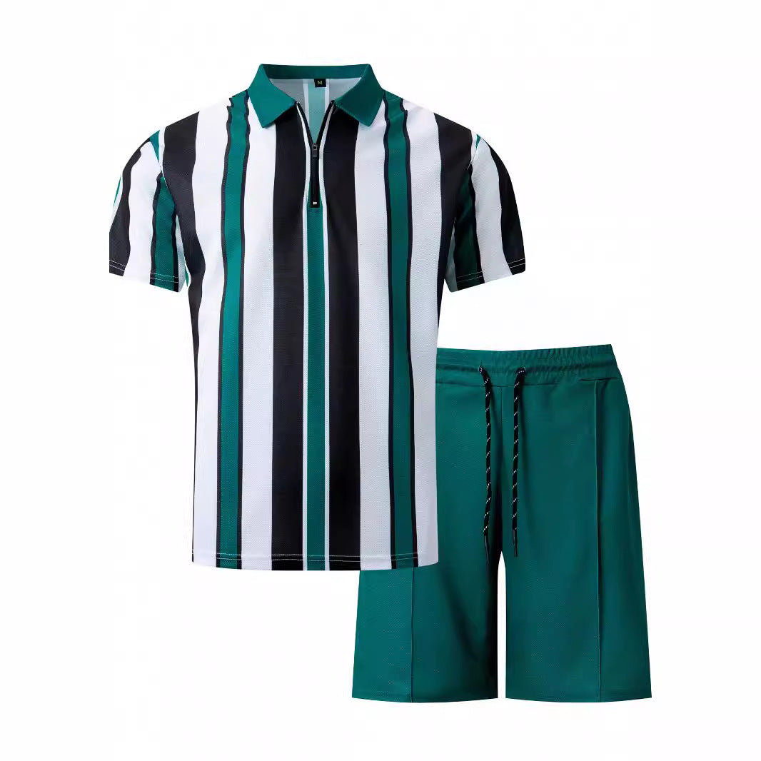 Striped Printed Short Sleeve Shorts For Vacation