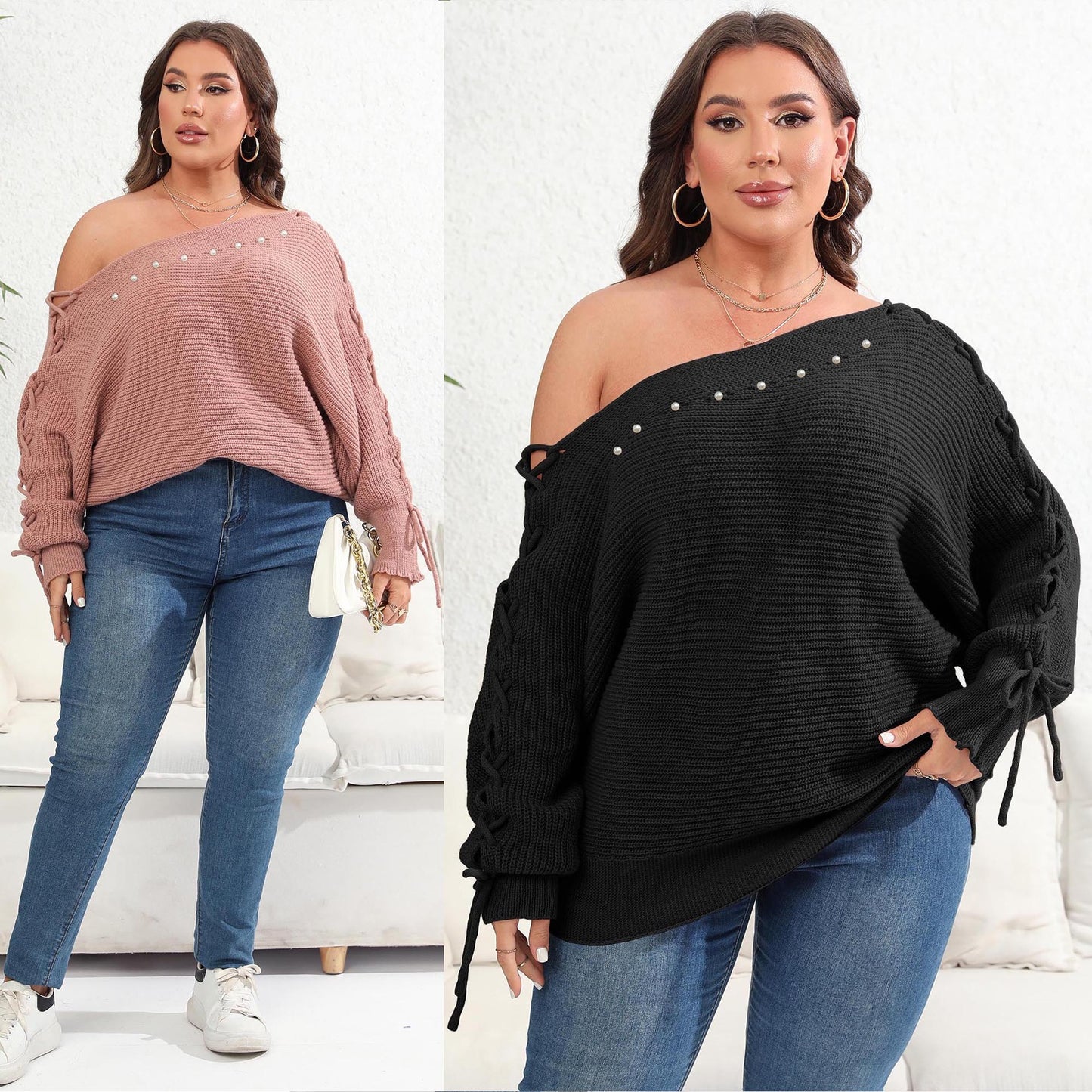 Women's Top Plus Size Lace Up Batwing Sleeve Sweater