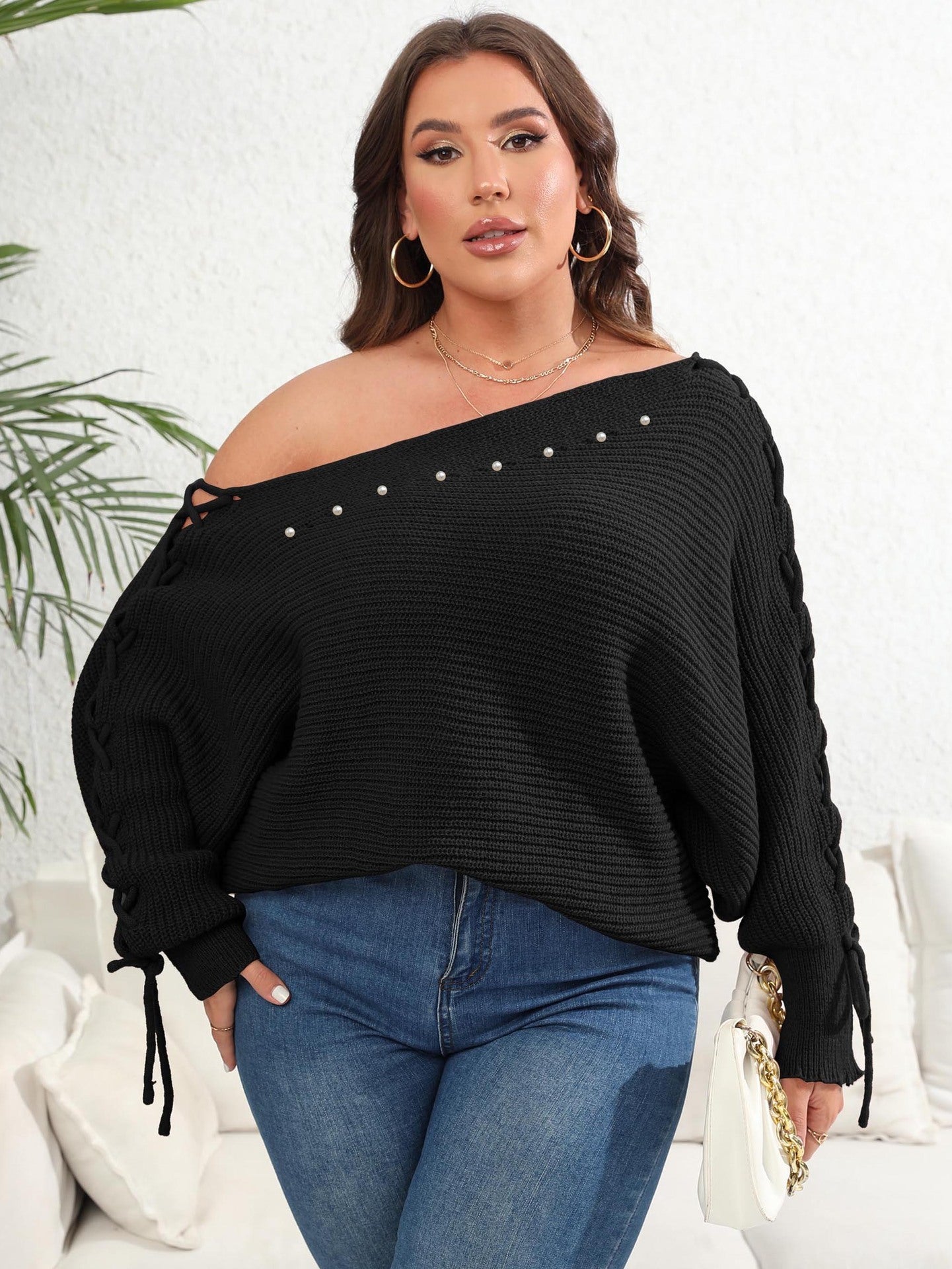 Women's Top Plus Size Lace Up Batwing Sleeve Sweater