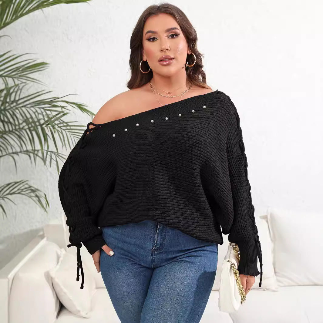 Women's Top Plus Size Lace Up Batwing Sleeve Sweater