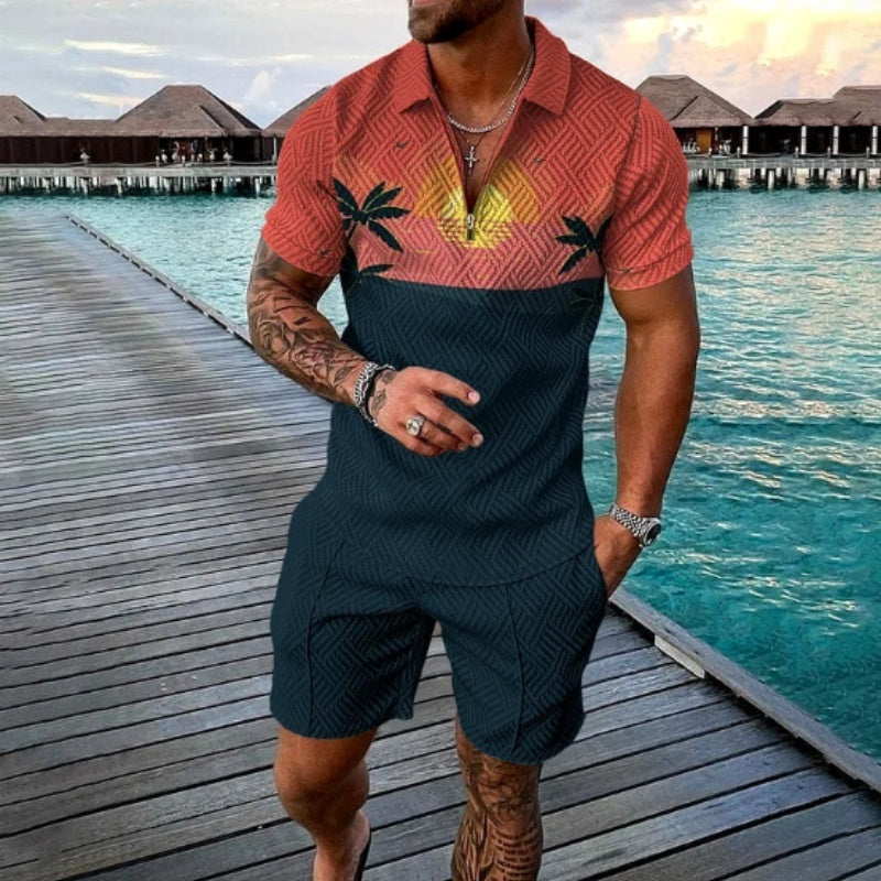 Polo Shirt Hawaiian Coconut Print Men Fashion Suit