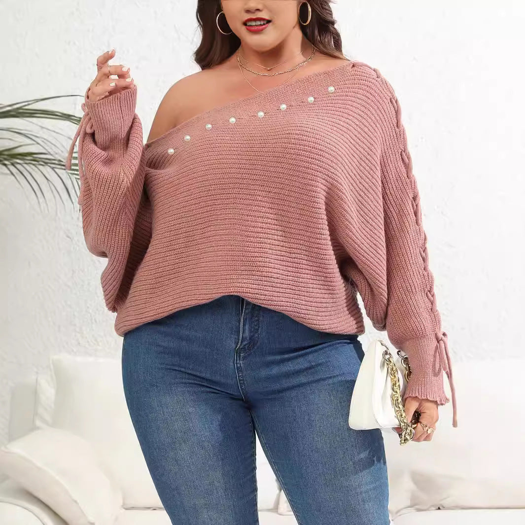 Women's Top Plus Size Lace Up Batwing Sleeve Sweater